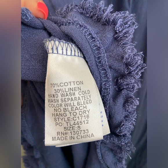 NWOT, Umgee Linen Blend Round Neck Navy Dress w Pockets Fringed Assymetrical Hem - Picture 9 of 13